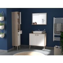 Ensemble Meuble De Salle De Bain Sur Pieds 2 Portes Aspect Chêne Et Blanc L.80 X P.46 X H.81,20 Cm + Miroir - Nielsen