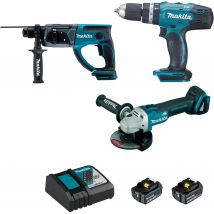 Pack 3 Outils Sans Fil 18v + 2 Batteries 4 Ah : Meuleuse + Perceuse Visseuse + Perforateur - Dlx3136m Makita