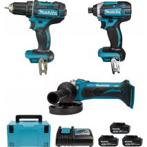 Kit 3 Outils Sans Fil 18v : Perceuse Visseuse Ddf482 + Visseuse À Chocs Dtd152 + Meuleuse Dga452z + 3x5ah - Makita