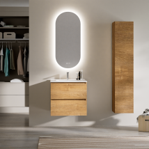 Feel Your Bath, Meuble De Salle De Bain Panter Marron 60 Cm, 2 Tiroirs, Vasque Céramique Intégrée Et Miroir Ovale Led Antibuée - Bricoman