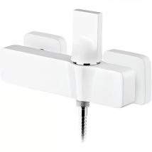 Mitigeur De Douche Mural Design Plat Épuré Contemporain Sanindusa Line 42 Blanc Et Chrome Livré Avec Raccords Excentrés Et Rosaces De Finition - 
