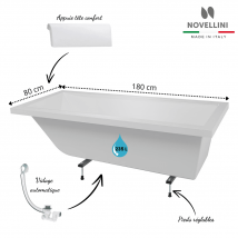 Pack Baignoire Rectangulaire Calos 2.0 Novellini Avec Pieds + Repose Tête + Vidage Dimensions 180x80 - Bricoman