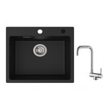 Cecipa Max Evier Quartz Noir 50x45cm Evier 1 Bac En Quartz Evier De Cuisine En Granit + Robinet Cuisine Rabattable Mitigeur De Evier Repliable Brossé 