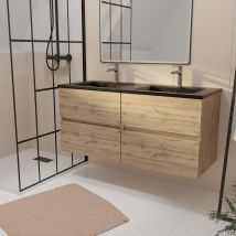 Meuble De Salle De Bains 120 Cm 4 Tiroirs Chêne Naturel + Vasque Double Céramique Noire - Timber - Bricoman