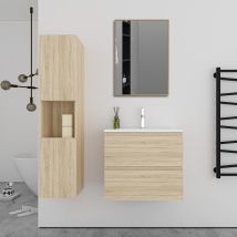 Ensemble Meuble Chêne Et Vasque L.60cm 2 Tiroirs + Colonne*1 Haut + Lavabo + Miroir 70*50cm - Tecnomat
