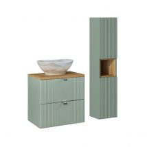 Ensemble Meuble Simple Vasque 60cm 2 Tiroirs Et Colonne Jade Vert Et Bois - Bricoman