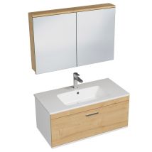 Rubite Meuble Vasque Simple Encastrée L. 90 Cm + Miroir Armoire 1 Tiroir Chêne Clair Salle De Bain - Tecnomat