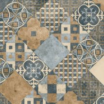 Sol Pvc Textile Carreaux Art Déco Marron Et Bleu - Rouleau De 4m X 3m - Bricoman