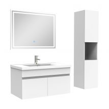 Meuble Salle De Bain 80cm Blanc Avec Colonne + Miroir Lumineux, Ocean - Bricoman