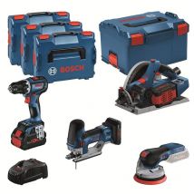 Pack 4 Outils 18v Bosch : Gsr 18v-90c + Gkt 18v-52gc + Gst 18v-155 Sc+ Gex 18v-125 + 1 Batterie 4,0 Ah (procore) + 2 Batteries 5,5 Ah (procore) + Gal 