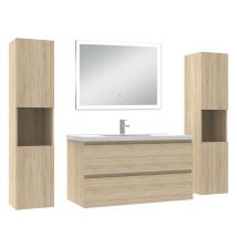 Ensemble Meuble Salle De Bain 100cm Avec Colonne + Miroir Lumineux Dimmable Chêne Wotan - Tecnomat