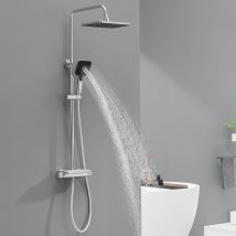Colonne De Douche Thermostatique 38°c Avec Table De Rangement En Verre Trempé, Colonne De Douche De Salle De Bain, Chromé, Réglable En Hauteur - 