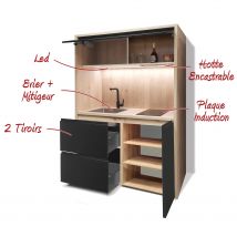 Kitchenette / Mini-cuisine Arche 126cm Noire Valino - Inclus : Plaque De Cuisson, Hotte, Évier, Robinetterie, Led - Bricoman