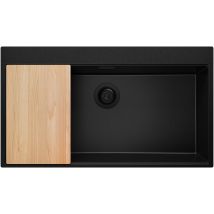 Evier Cuisine En Granit Tout Noir 88x50cm, Lavabo 1 Bac + Kit De Vidage + Planche À Découper, Évier À Encastrer Au Meuble 90cm - Oslo Primagran -