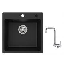 Cecipa Max 45x45cm Evier Quartz Noir Evier 1 Bac En Quartz Et Résine Evier De Cuisine + Robinet Cuisine Rabattable Mitigeur De Evier Repliable Brossé 