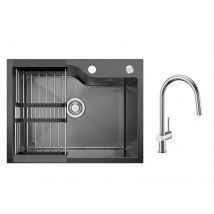 Évier Inox Noir Avec Panier De Drainage 60×45cm Évier De Cuisine 1bac + Mitigeur De Cuisine Avec Douchette Extractible Brossé - Bricoman