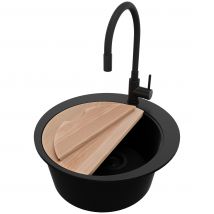 Evier Cuisine Granit Rond Tout Noir 50x50cm, Evier 1 Bac + Kit De Vidage + Accessoire, Lavabo Cuisine Au Meuble 45cm - Pise Primagran - Bricoman