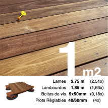 Kit Complet Terrasse Bois Exotique Cumaru Pour 1 M² • Lames 2,75 M, Lambourdes 1,85 M, Plots Réglables Et Visserie Inox - Tecnomat