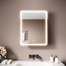 Sirhona Armoire Miroir Salle De Bain 55x70x15cm, Miroir Anti-buée Localisée 3 Lumières Tactile Avec Porte-rouleau Intégré Et Prise - Beige Urbain - 