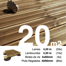 Kit Complet Terrasse Pin Autoclave Marron Pour 20 M² • Lames 4,2 M, Lambourdes 4,2 M, Plots Réglables Et Visserie Inox • Livraison Gratuite - Bricoman