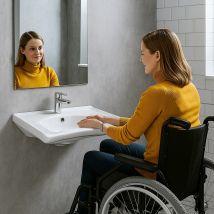 Lavabo Mural Pmr Extra Plat Galbé Normes Handicapé Porcelaine Vitrifiée Sanindusa Newwccare Blanc 65x58 Avec Trop Plein - Bricoman