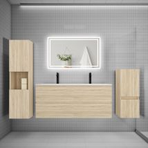 Ensemble Meuble De Salle De Bain 120cm, Double Vasque + Colonne + Led Miroir,chêne - Bricoman
