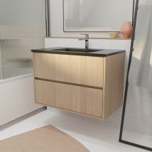 Meuble De Salle De Bains 80 Cm 2 Tiroirs Chêne Clair + Vasque Céramique Noire - Xenos - Bricoman