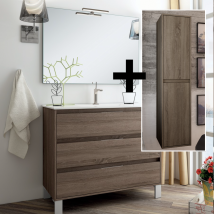 Ensemble Meuble De Salle De Bain 100cm Simple Vasque + Colonne De Rangement Tiris - Britannia (chêne Foncé) - Tecnomat