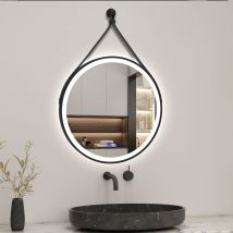 Aica Led Miroir Lumineux 50cm 3 Couleurs Tactile + Anti-buée + Dimmable + Mémoire,avec Ceinture En Cuir Amovible Miroir Salle De Bain Rond,noir - 