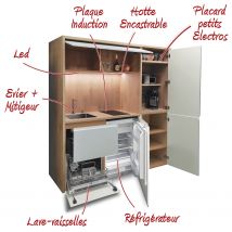Kitchenette / Mini-cuisine Arche 186cm Blanche Valino - Inclus : Plaque De Cuisson, Hotte, Évier, Robinetterie, Led + Lave-vaisselle + Réfrigérateur -