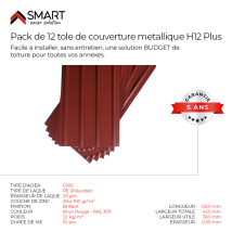 Smart Cover Pack 12 Petites Tôles Bac Acier - Toiture - Couverture H12 - Dimensions: 125 X 45 = 6,75m² Epr: 0,3mm Ral 3011 - Tecnomat