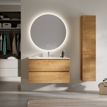 Feel Your Bath, Meuble De Salle De Bain Panter Marron 100 Cm, 2 Tiroirs, Vasque Céramique Intégrée Et Miroir Rond Led - Bricoman