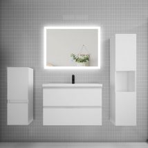 Ensemble Meuble De Salle De Bain 80cm, Simple Vasque + Colonne + Led Miroir Rectangulaire,blanc - Tecnomat