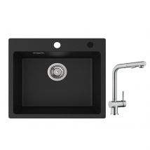 Cecipa Max Evier Quartz Noir 50x45cm Evier 1 Bac En Quartz Evier De Cuisine En Granit + Robinet Avec Douchette Mitigeur D'Évier Extractible Brossé - 