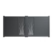 Portail Aluminium 2 Vantaux Monza Gris 7016 Haut 160 X Larg 350 Cm - Plein Avec Décor Découpe Laser "jonc" - Vendu Sans Poteaux - Bricoman