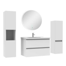 Ensemble Meubles Salle De Bain 80cm Vasque + Colonne + Miroir Rond Mural Blanc - Tecnomat