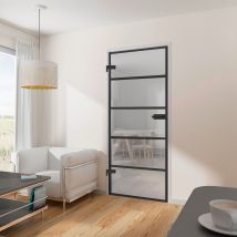 Bloc-porte Vitré, Acier Noir Verre Transparent, H.197 X L.83 Cm, Schulte, Poussant Droit Ou Gauche, Porte Intérieure Loft 5 Carreaux, Mont. Réversible
