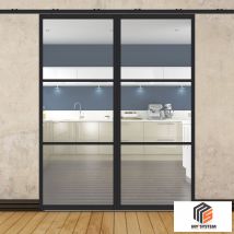 Porte Double Coulissante H2088 - L867 Mm - 3 Verres Horizontaux - Trempé 6 Mm Clair - Noir - Bricoman