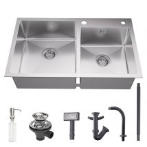 Évier 2 Bacs 75x45x19cm Auralum Max Évier Cuisine En Inox 304 Évier À Encastrer Brossé Avec Distributeur De Savon Et Ensemble De Drainage,eu Modèle - 