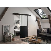 Kit Porte Coulissante Atelier Noir + Rail 2 Amortisseurs + Cache Rail Décor Assorti - Verre Dépoli - H 204 X L 73 Cm - Bricoman