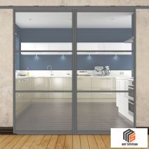 Porte Double Coulissante H2088 - L1067 Mm - 3 Verres Horizontaux - Trempé 6 Mm Clair - Gris - Bricoman