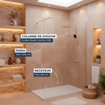 Grohe Pack Douche Complet – Paroi Walk-in 140x200 Chrome + Colonne Grohe Vitalio 2 Jets + Receveur Marbre Coulé Blanc 140x80 - Bricoman