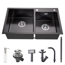 Evier Cuisine 2 Bacs 75x45x19cm Evier Noir En Acier Inoxydable Pour Cuisine Evier À Encastrer Avec Distrubuteur De Savon - Bricoman