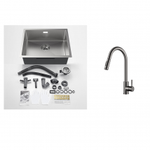 Auralum Max Évier De Cuisine 1 Bac 55*44*19cm, À Encastrer/fleur/ Sous-plan,brossé+robinet Cuisine Douchette Extractible Gris Foncé Rotatif 360 ° - 