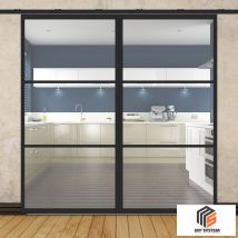 Porte Double Coulissante H2088 - L1067 Mm - 3 Verres Horizontaux - Trempé 6 Mm Clair - Noir - Bricoman