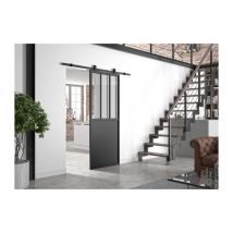 Optimum Kit Porte Coulissante Atelier Noir + Rail Apparent + Cache Rail - 204 X 93 Cm - Verre Transparent - Bricoman
