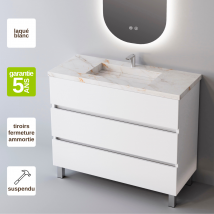 Meuble Salle De Bain Atrani 61cm – Plan Vasque Grès Cérame, 3 Tiroirs, Finition Blanc Brillant, Hauteur 90 cm X Profondeur 45cm - Bricoman
