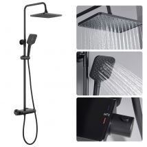 Colonne De Douche Thermostatique 38°c Avec Table De Rangement En Verre Trempé, Colonne De Douche De Salle De Bain, Noir, Réglable En Hauteur - 