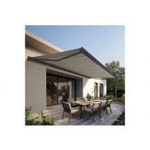 Store Banne Coffre Intégral Protect 2 Led Gris Anthracite 5x3,5m Motorisé À Télécommande + Eclairage Led - Toile Grise Rayée - Bricoman