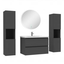 Ensemble Meubles Salle De Bain Avec Colonne Et Miroir Rond Mural 80cm Meuble Anthracite - Bricoman